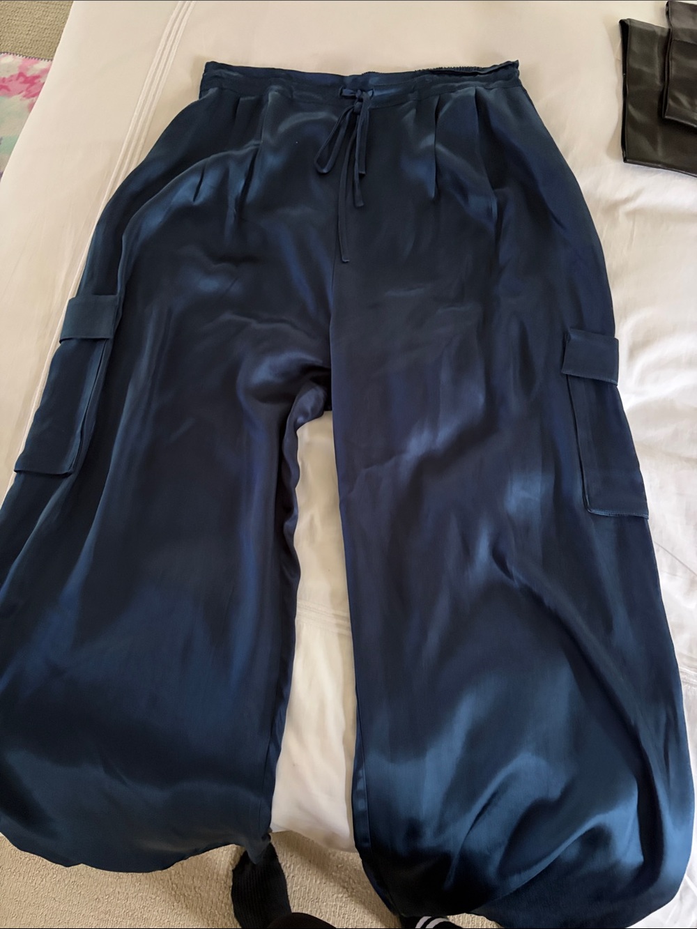 Nation LTD Navy Satin Wide-Leg Cargo Pants